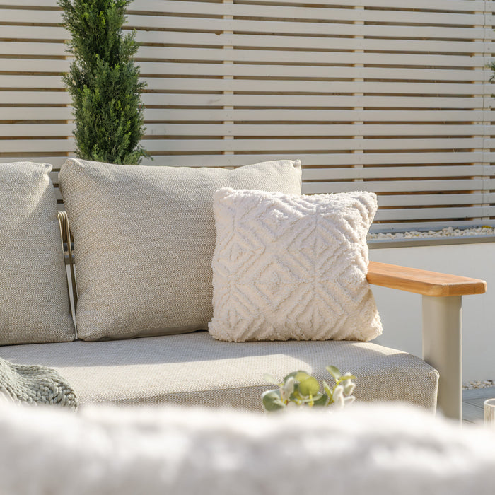 Sicily Rope Weave 2 Seat Sofa with 2 Armchairs & Round Marble Effect Coffee Table - Latte