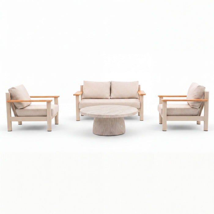 Sicily Rope Weave 2 Seat Sofa with 2 Armchairs & Round Marble Effect Coffee Table - Latte
