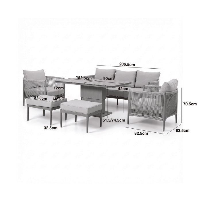 Havana Rope Weave 3 Seat Sofa Dining Set with Rising Table & Footstools - Ceramic Glass