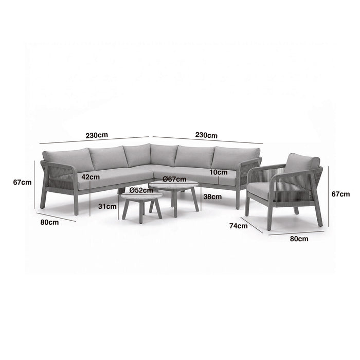 Antigua Rope Weave Corner Sofa Set with Lounge Chair & 2 Round Coffee Tables - Terrazzo