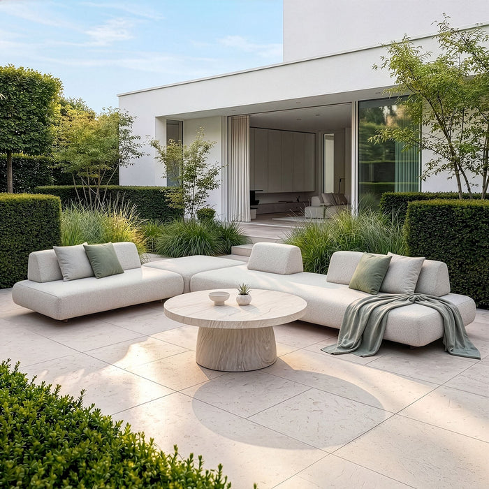 Outdoor Fabric Cannes Large Corner Sofa Set with Round Marble Effect Coffee Table - Pebble