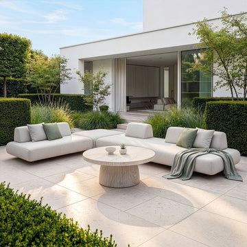 Outdoor Fabric Cannes Large Corner Sofa Set with Round Marble Effect Coffee Table - Pebble