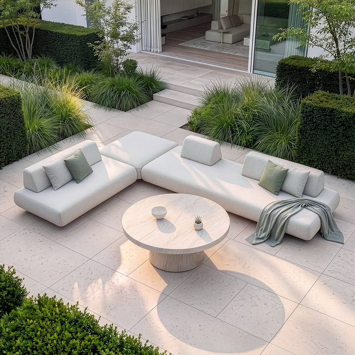 Outdoor Fabric Cannes Large Corner Sofa Set with Round Marble Effect Coffee Table - Pebble