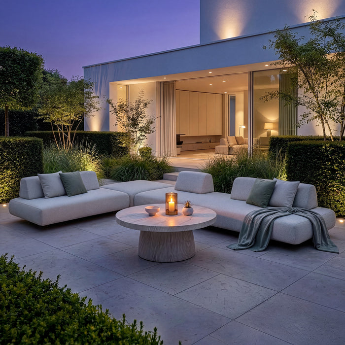Outdoor Fabric Cannes Large Corner Sofa Set with Round Marble Effect Coffee Table - Pebble