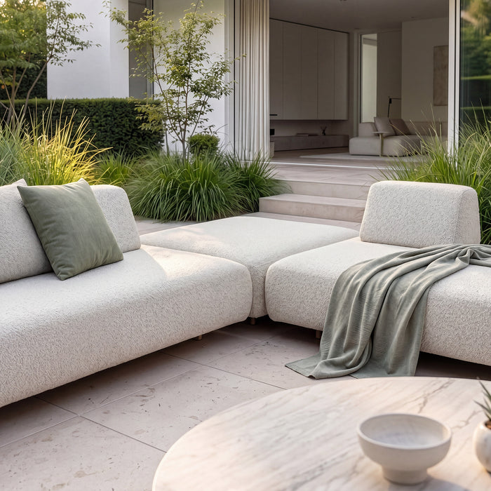 Outdoor Fabric Cannes Large Corner Sofa Set with Round Marble Effect Coffee Table - Pebble