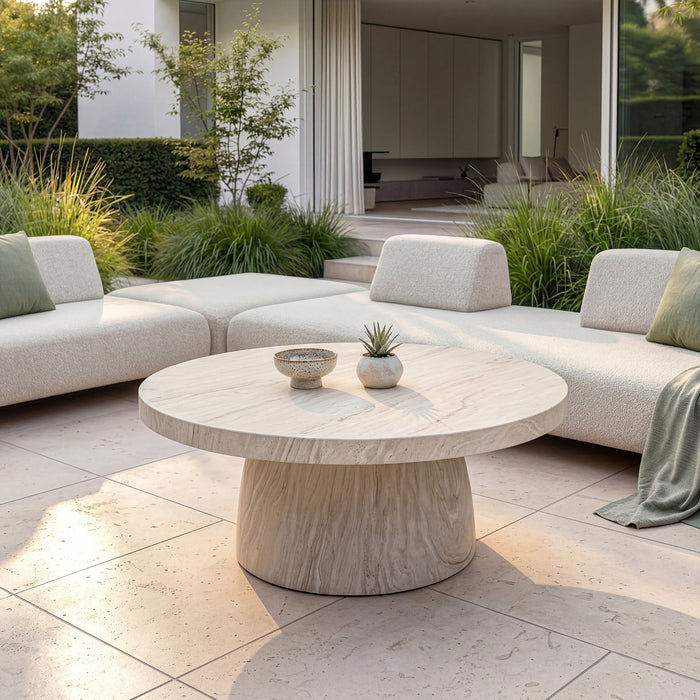 Outdoor Fabric Cannes Large Corner Sofa Set with Round Marble Effect Coffee Table - Pebble