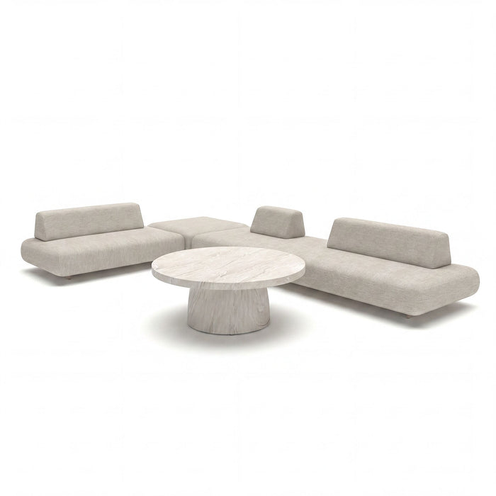 Outdoor Fabric Cannes Large Corner Sofa Set with Round Marble Effect Coffee Table - Pebble