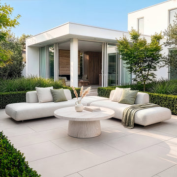 Outdoor Fabric Cannes Medium Corner Sofa Set with Round Marble Effect Coffee Table - Pebble