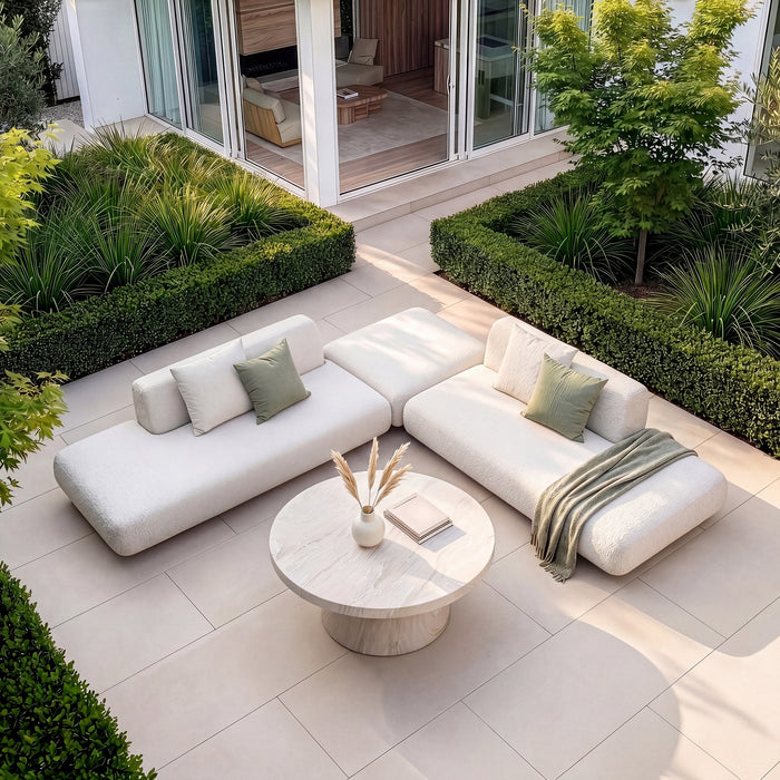 Outdoor Fabric Cannes Medium Corner Sofa Set with Round Marble Effect Coffee Table - Pebble