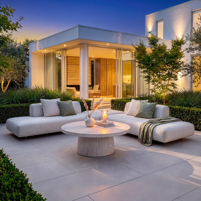 Outdoor Fabric Cannes Medium Corner Sofa Set with Round Marble Effect Coffee Table - Pebble