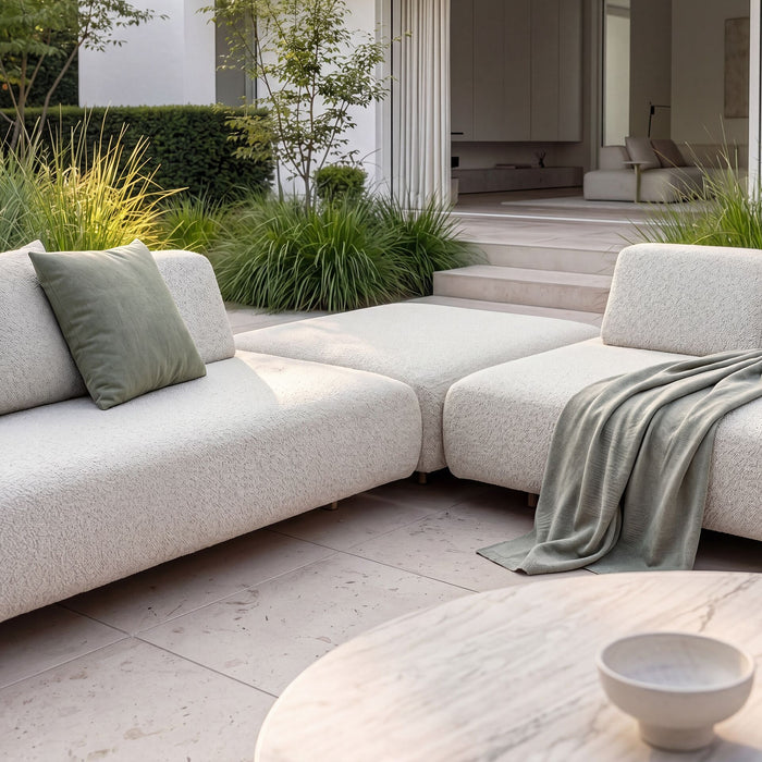 Outdoor Fabric Cannes Medium Corner Sofa Set with Round Marble Effect Coffee Table - Pebble