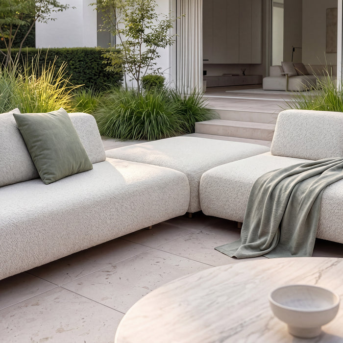 Outdoor Fabric Cannes Medium Corner Sofa Set with Round Marble Effect Coffee Table - Pebble