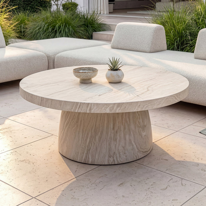 Outdoor Fabric Cannes Medium Corner Sofa Set with Round Marble Effect Coffee Table - Pebble