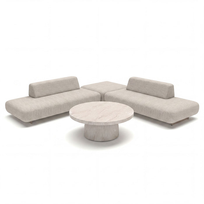 Outdoor Fabric Cannes Medium Corner Sofa Set with Round Marble Effect Coffee Table - Pebble