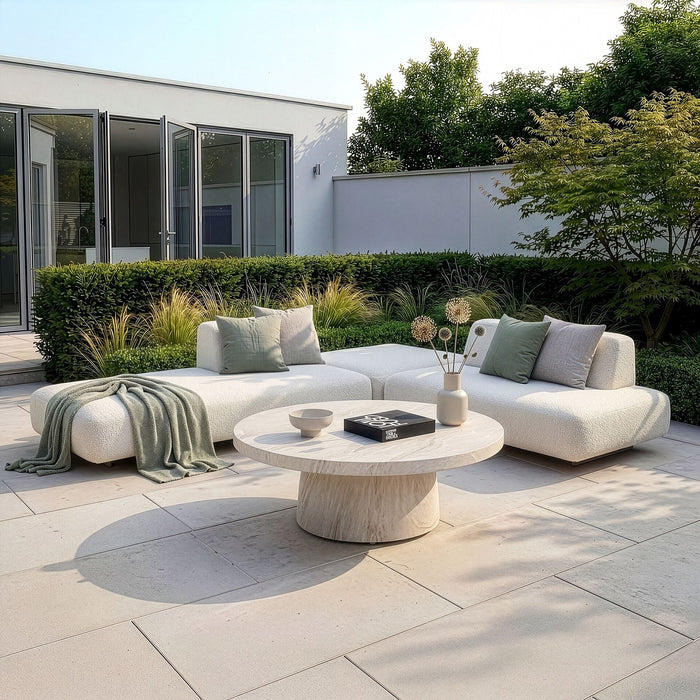 Outdoor Fabric Cannes Small Corner Sofa Set with Round Marble Effect Coffee Table - Pebble