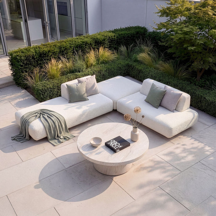 Outdoor Fabric Cannes Small Corner Sofa Set with Round Marble Effect Coffee Table - Pebble