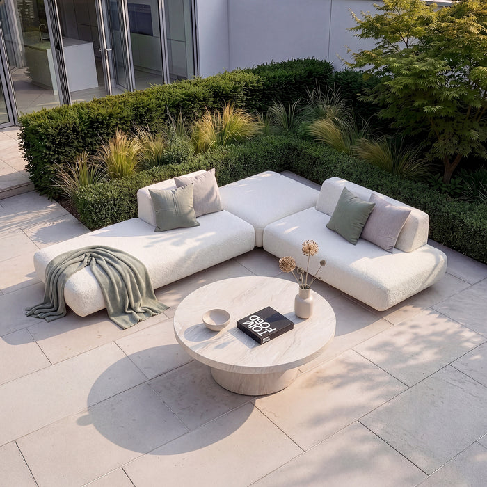 Outdoor Fabric Cannes Small Corner Sofa Set with Round Marble Effect Coffee Table - Pebble