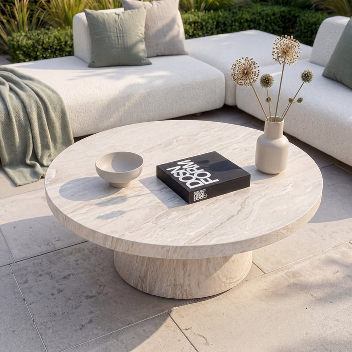 Outdoor Fabric Cannes Small Corner Sofa Set with Round Marble Effect Coffee Table - Pebble