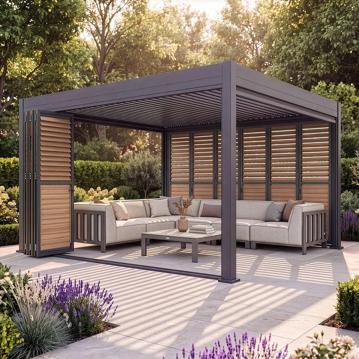 Eden 4m x 4m Aluminium Metal Outdoor Garden Pergola with Bi Folding Louvre Doors and Blinds