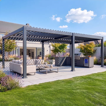 Eden 8m x 4m Aluminium Metal Outdoor Garden Pergola with LED Lights & Motorised Roof (Customise with Blinds or Louvres)