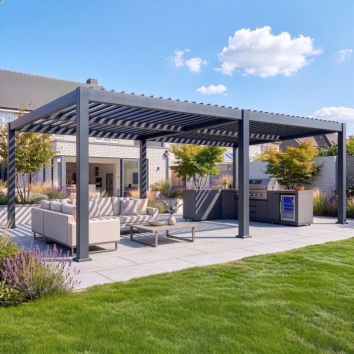 Eden 8m x 4m Aluminium Metal Outdoor Garden Pergola with LED Lights & Motorised Roof (Customise with Blinds or Louvres)