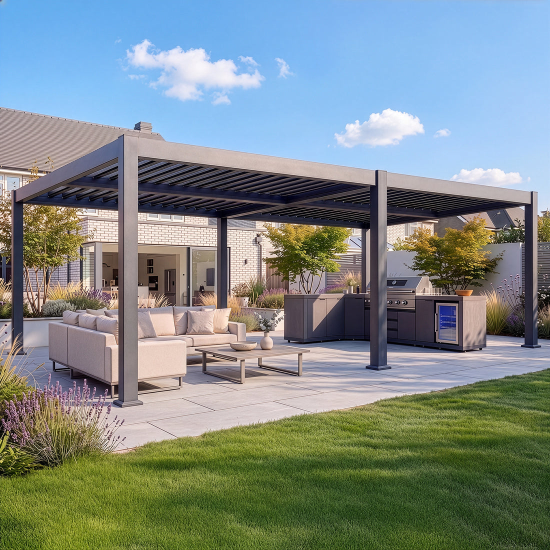 Eden 8m x 4m Aluminium Metal Outdoor Garden Pergola with LED Lights & Motorised Roof (Customise with Blinds or Louvres)