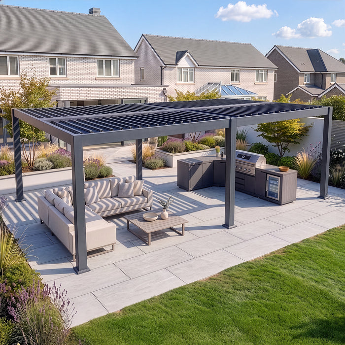 Eden 8m x 4m Aluminium Metal Outdoor Garden Pergola with LED Lights & Motorised Roof (Customise with Blinds or Louvres)