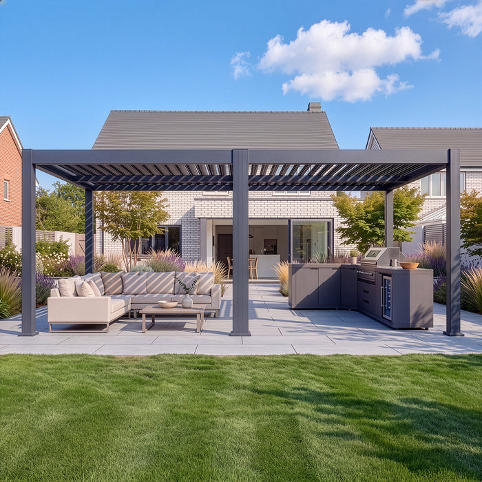 Eden 8m x 4m Aluminium Metal Outdoor Garden Pergola with LED Lights & Motorised Roof (Customise with Blinds or Louvres)
