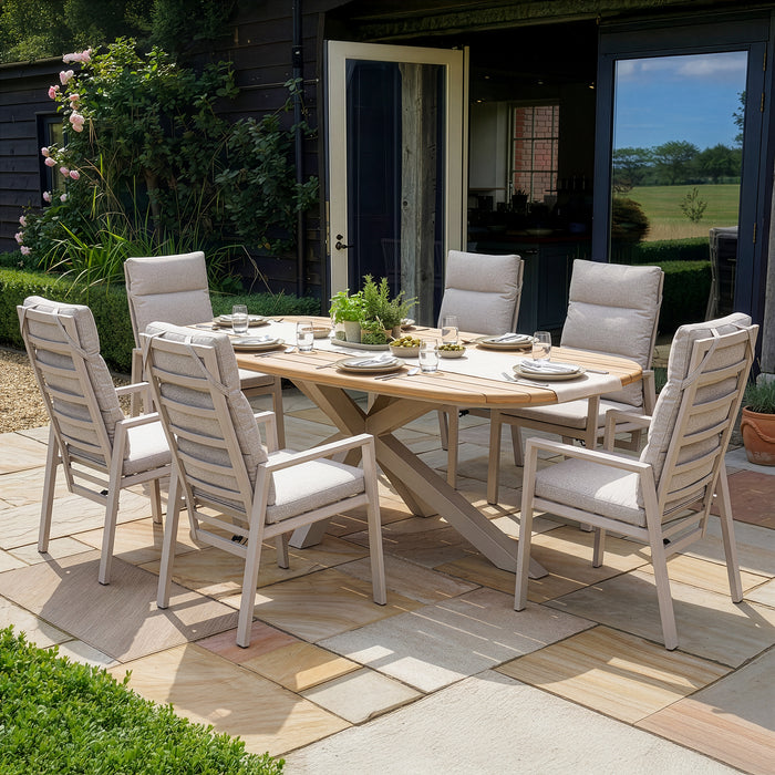 Sicily Teak 6 Seat Dining Set with Valencia Reclining Dining Chairs - Latte