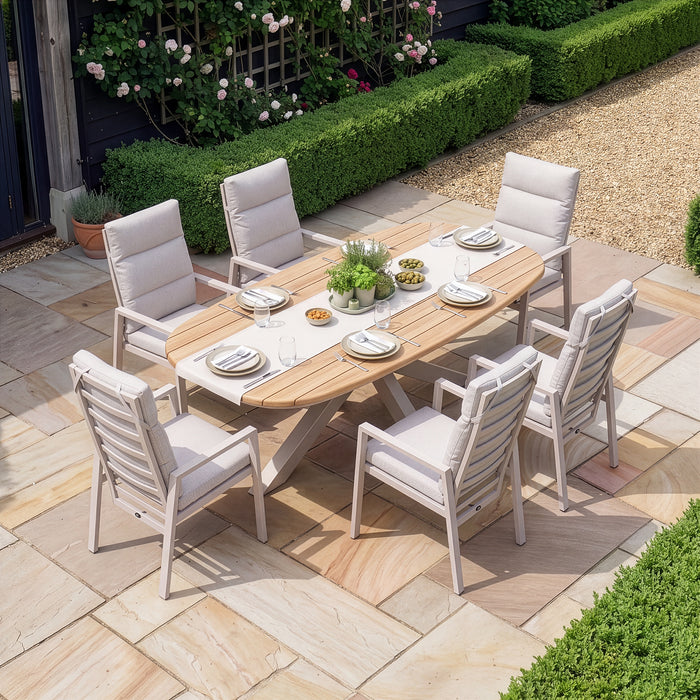 Sicily Teak 6 Seat Dining Set with Valencia Reclining Dining Chairs - Latte