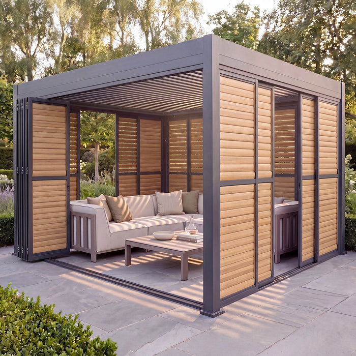 Eden 3m x 4m Aluminium Metal Outdoor Garden Pergola with Bi Folding Louvre Doors and Blinds
