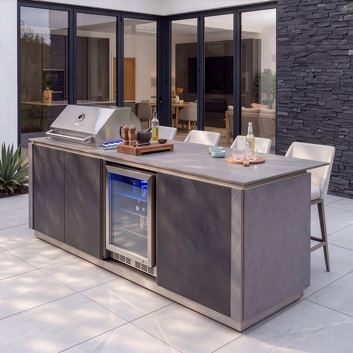 Outdoor Kitchen Island & Bar with 4 Burner Gas Grill, Fridge & Storage Units - Grey