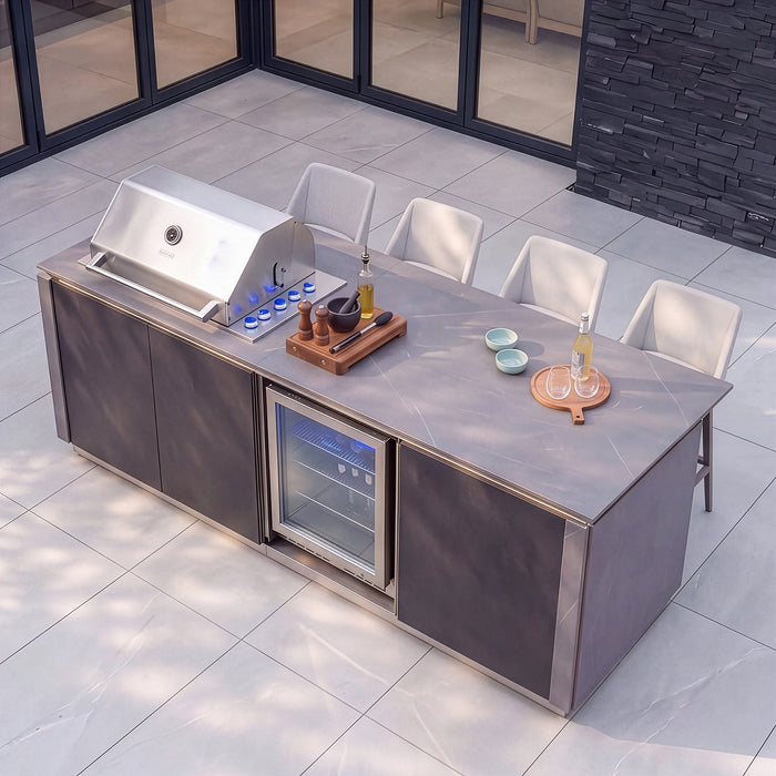 Outdoor Kitchen Island & Bar with 4 Burner Gas Grill, Fridge & Storage Units - Grey