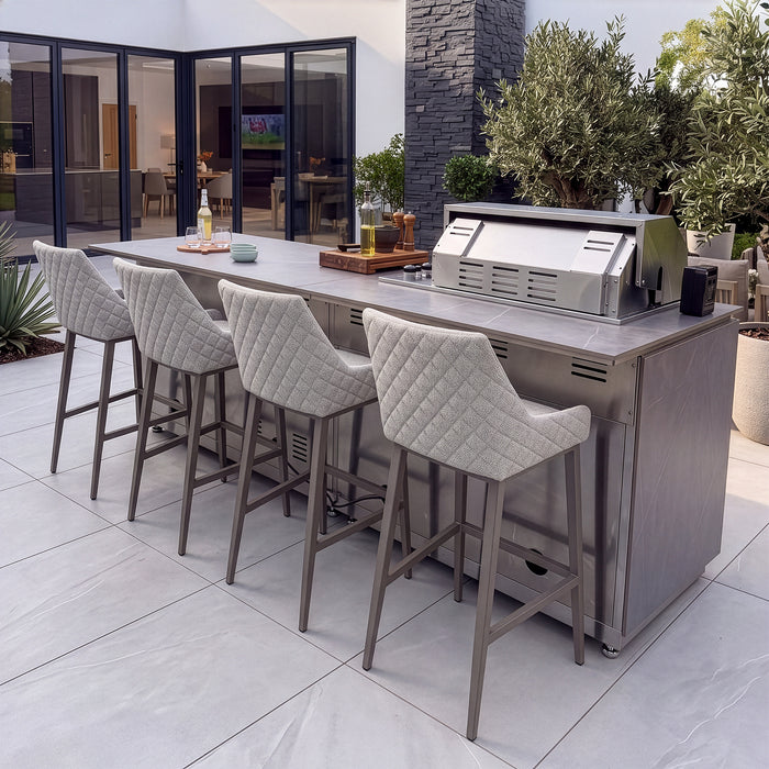 Outdoor Kitchen Island & Bar with 4 Burner Gas Grill, Fridge & Storage Units - Grey