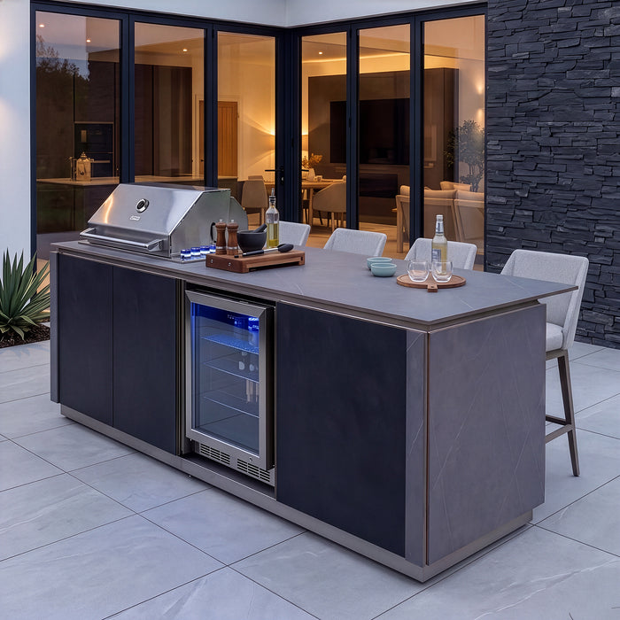 Outdoor Kitchen Island & Bar with 4 Burner Gas Grill, Fridge & Storage Units - Grey