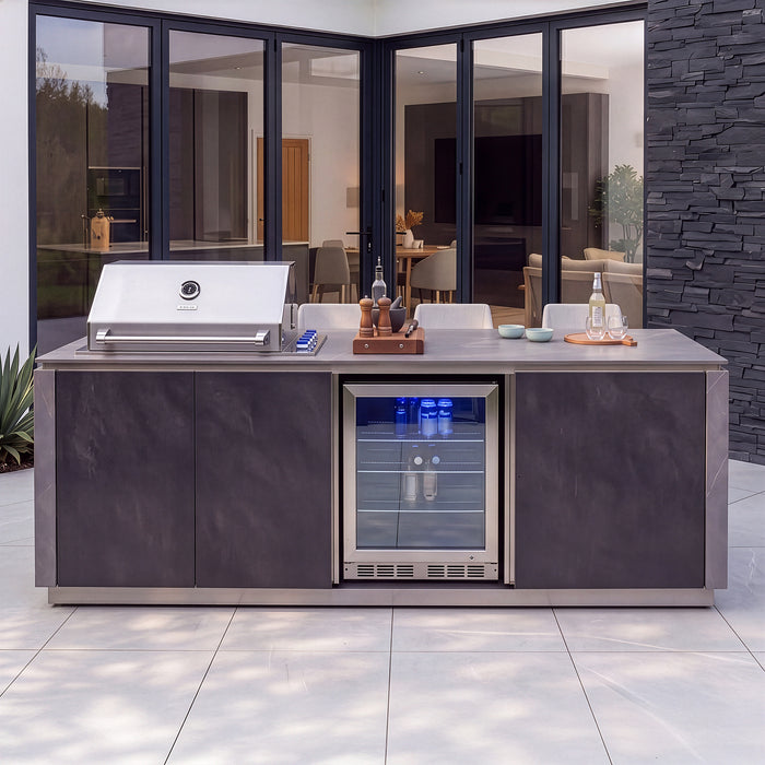 Outdoor Kitchen Island & Bar with 4 Burner Gas Grill, Fridge & Storage Units - Grey
