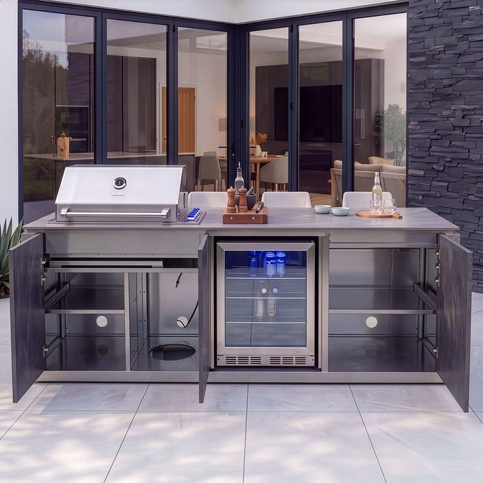 Outdoor Kitchen Island & Bar with 4 Burner Gas Grill Fridge & Storage Units - Grey