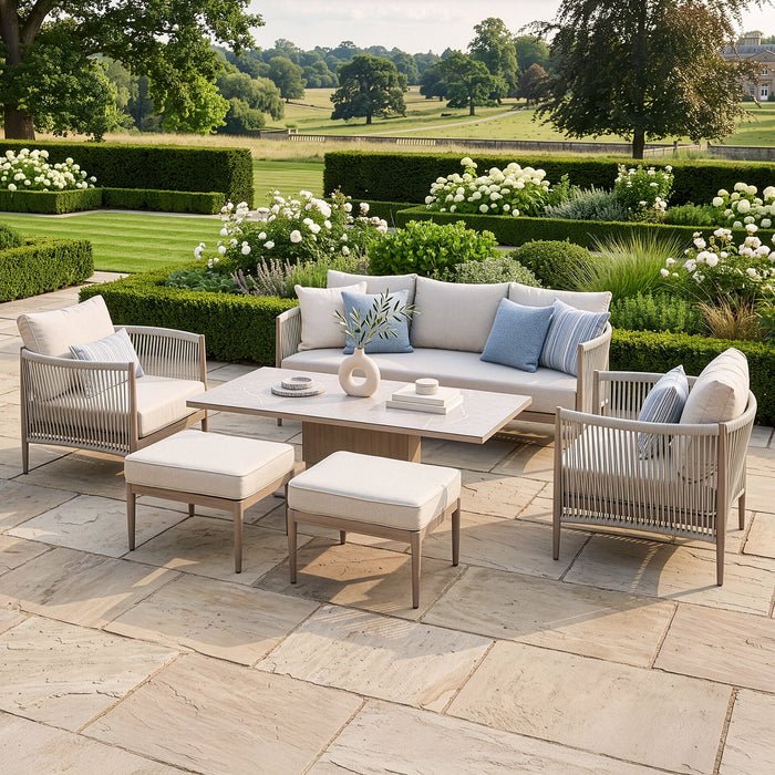 Havana Rope Weave 3 Seat Sofa Dining Set with Rising Table & Footstools - Ceramic Glass