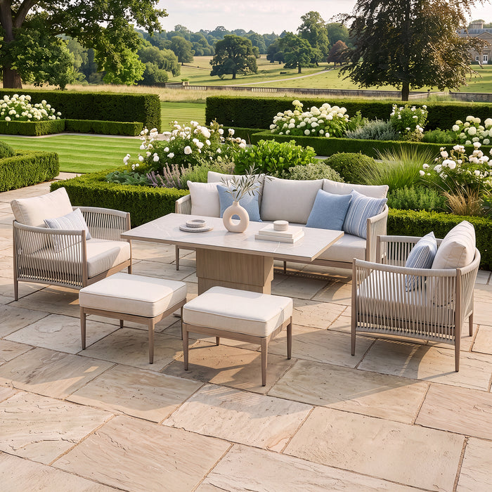 Havana Rope Weave 3 Seat Sofa Dining Set with Rising Table & Footstools - Ceramic Glass