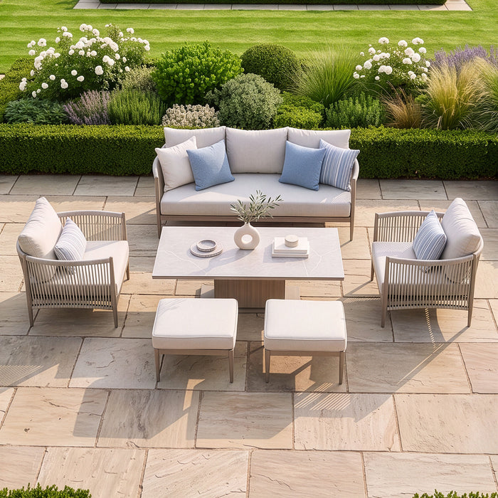 Havana Rope Weave 3 Seat Sofa Dining Set with Rising Table & Footstools - Ceramic Glass