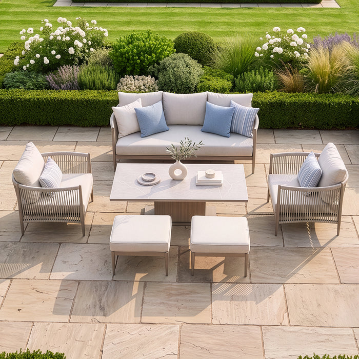 Havana Rope Weave 3 Seat Sofa Dining Set with Rising Table & Footstools - Ceramic Glass