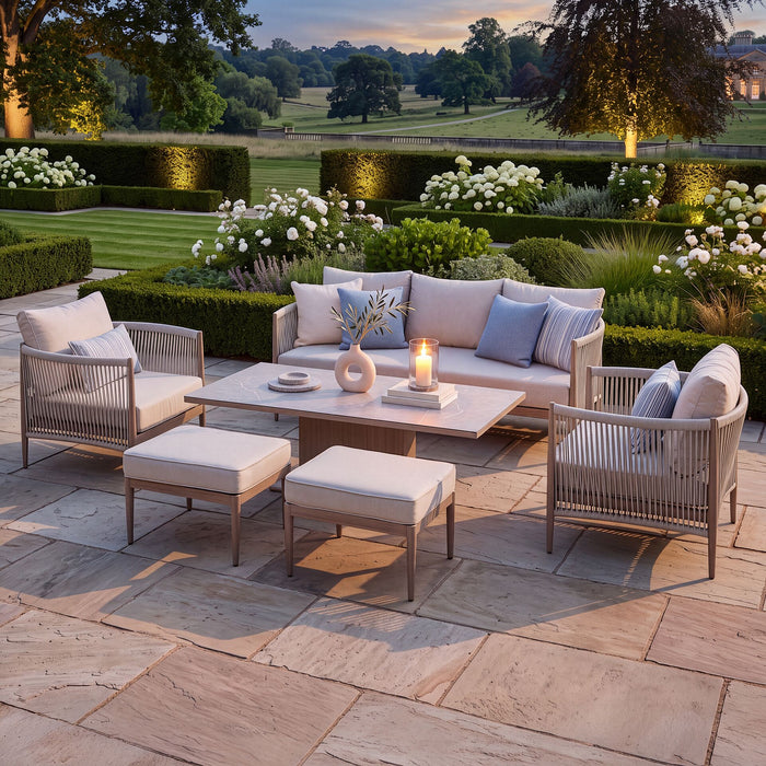 Havana Rope Weave 3 Seat Sofa Dining Set with Rising Table & Footstools - Ceramic Glass