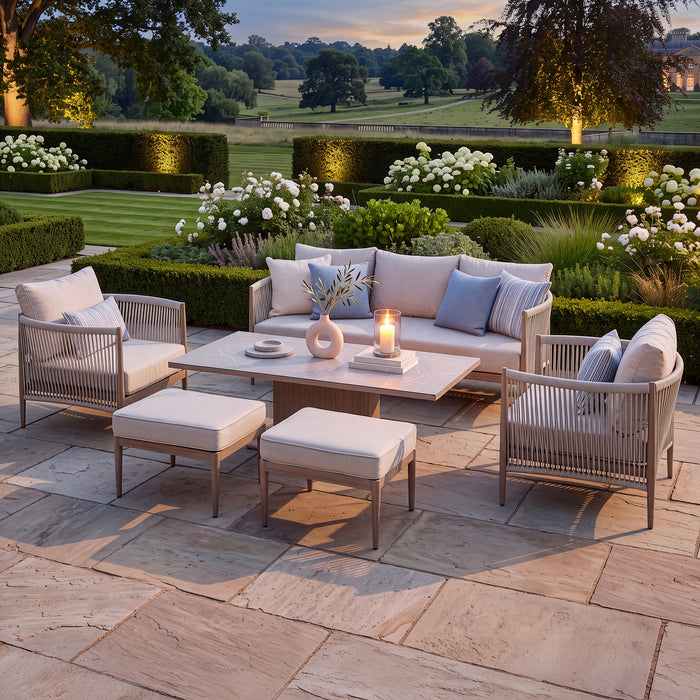 Havana Rope Weave 3 Seat Sofa Dining Set with Rising Table & Footstools - Ceramic Glass