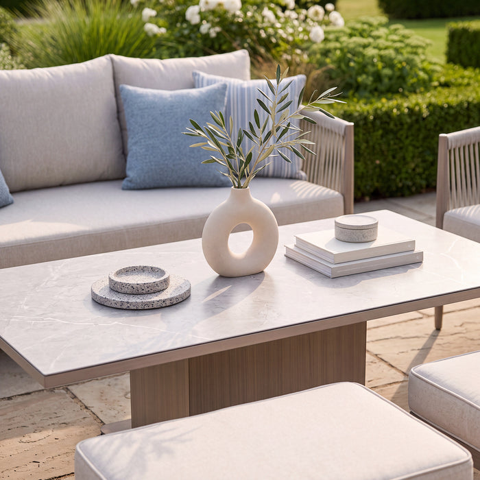 Havana Rope Weave 3 Seat Sofa Dining Set with Rising Table & Footstools - Ceramic Glass