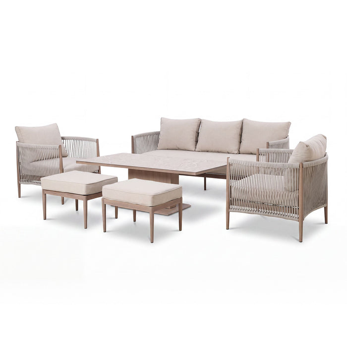 Havana Rope Weave 3 Seat Sofa Dining Set with Rising Table & Footstools - Ceramic Glass