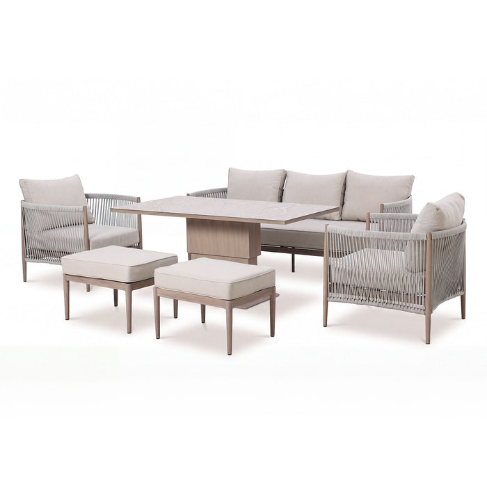 Havana Rope Weave 3 Seat Sofa Dining Set with Rising Table & Footstools - Ceramic Glass