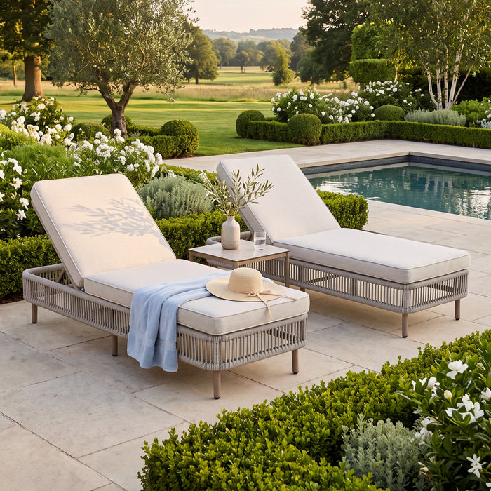 Havana Rope Weave Sunlounger Set with Square Side Table - Ceramic Glass