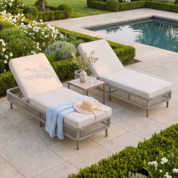 Havana Rope Weave Sunlounger Set with Square Side Table - Ceramic Glass