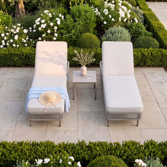 Havana Rope Weave Sunlounger Set with Square Side Table - Ceramic Glass