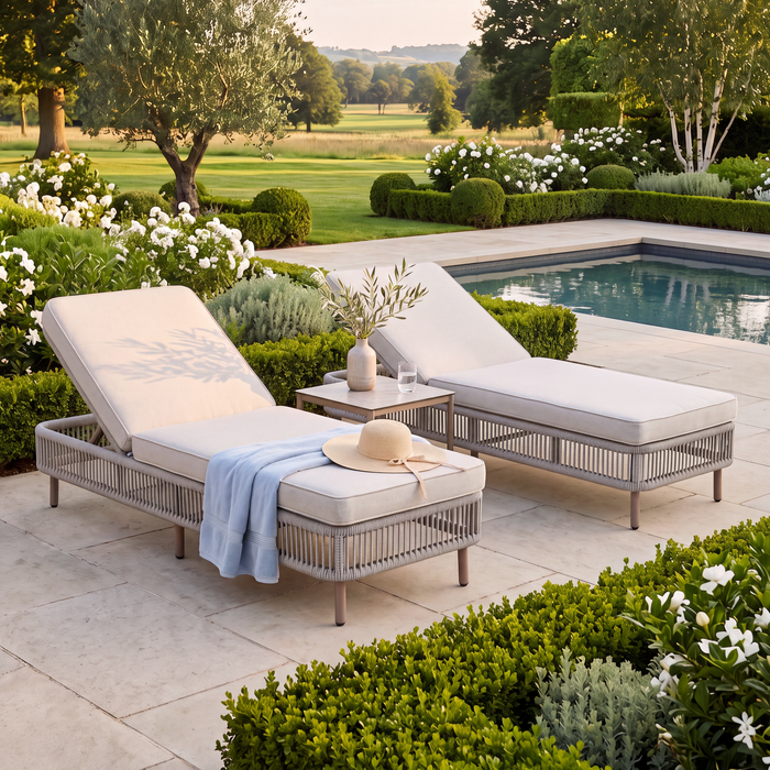 Havana Rope Weave Sunlounger Set with Square Side Table - Ceramic Glass